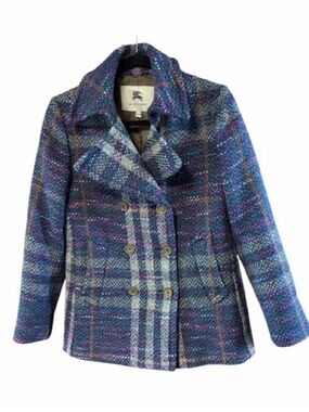 Burberry London Wool Tweed Italy Plaid Double Breasted Coat